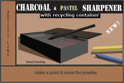 The new sharpener with the abrasive screen over a container can sharpen the charcoal sticks or pastels quickly without spreading a shaved charcoal around and without creating a mess by letting the shaved material to fall through the screen openings and settle into the enclosed container below. 